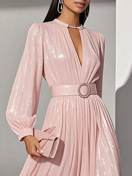 Light Pink Classic V Neck Long Sleeve Balloon Sleeve A-Line Maxi Dress