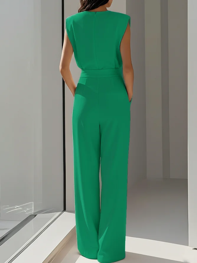 Women Off White Crew Neck Sleeveless Dressy Jumpsuit With Pockets