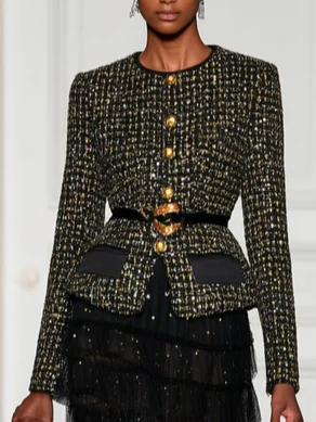 Women Black Tweed Tulle Buckle Stamped Bronzing Crew Neck Long Sleeve Dressy Coat With Skirt Two-Piece Set