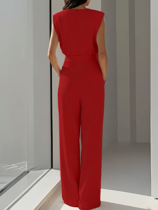 Women Off White Crew Neck Sleeveless Dressy Jumpsuit With Pockets