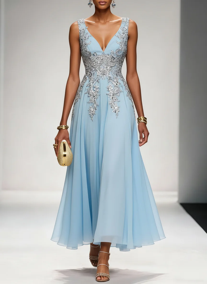 Light Blue Sequin Lace Asymmetric Chiffon V Neck Sleeveless A-Line Maxi Dress