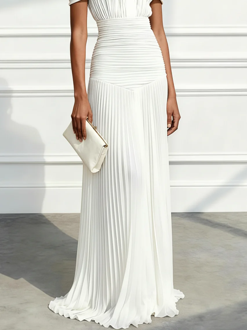White Pleated Buckle Chiffon Off The Shoulder Sleeveless Sheath Gown Dress