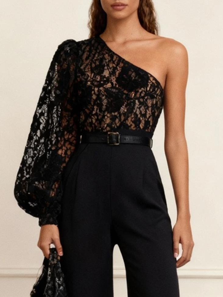 Women Black Lace One Shoulder Long Sleeve Balloon Sleeve Dressy Jumpsuit