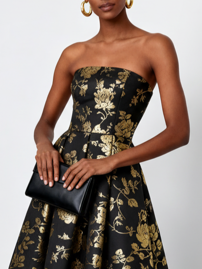 Black Gold Stamped Bronzing Floral Classic Strapless Sleeveless A-Line Midi Dress