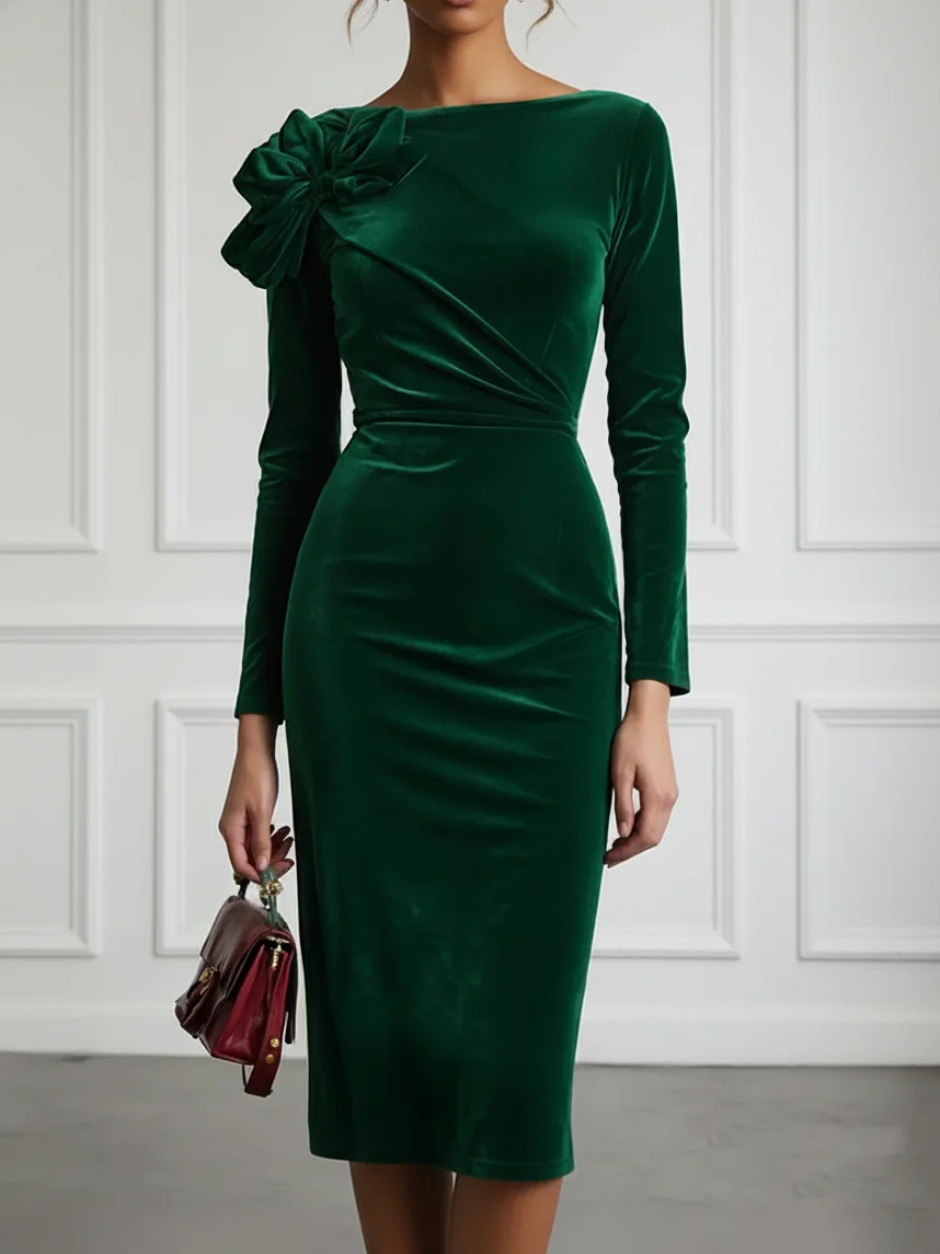 Green Bow Ruched Velvet Boat Neck Long Sleeve Sheath Midi Dress