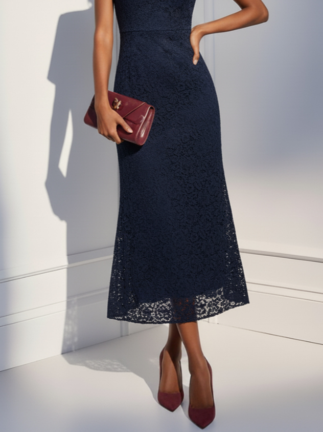 Purplish blue Lace Mock Neck Sleeveless Mermaid Maxi Dress