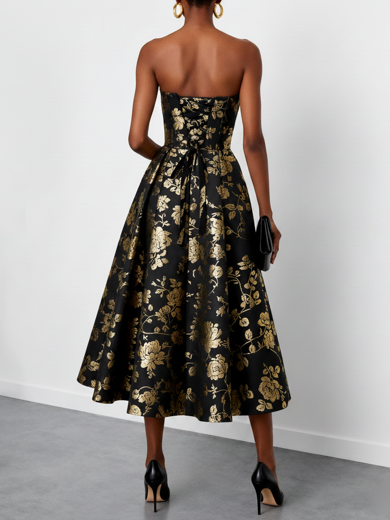 Black Gold Stamped Bronzing Floral Classic Strapless Sleeveless A-Line Midi Dress
