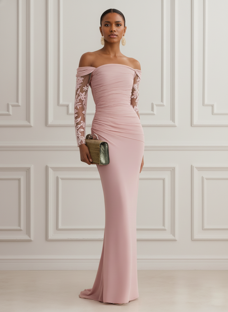 Pink Lace Classic Off The Shoulder Long Sleeve Sheath Gown Dress