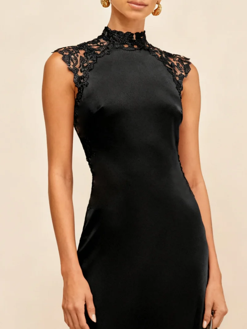 Black Lace Classic Mock Neck Sleeveless Raglan Sleeve Mermaid Maxi Dress