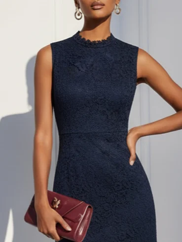 Purplish blue Lace Mock Neck Sleeveless Mermaid Maxi Dress