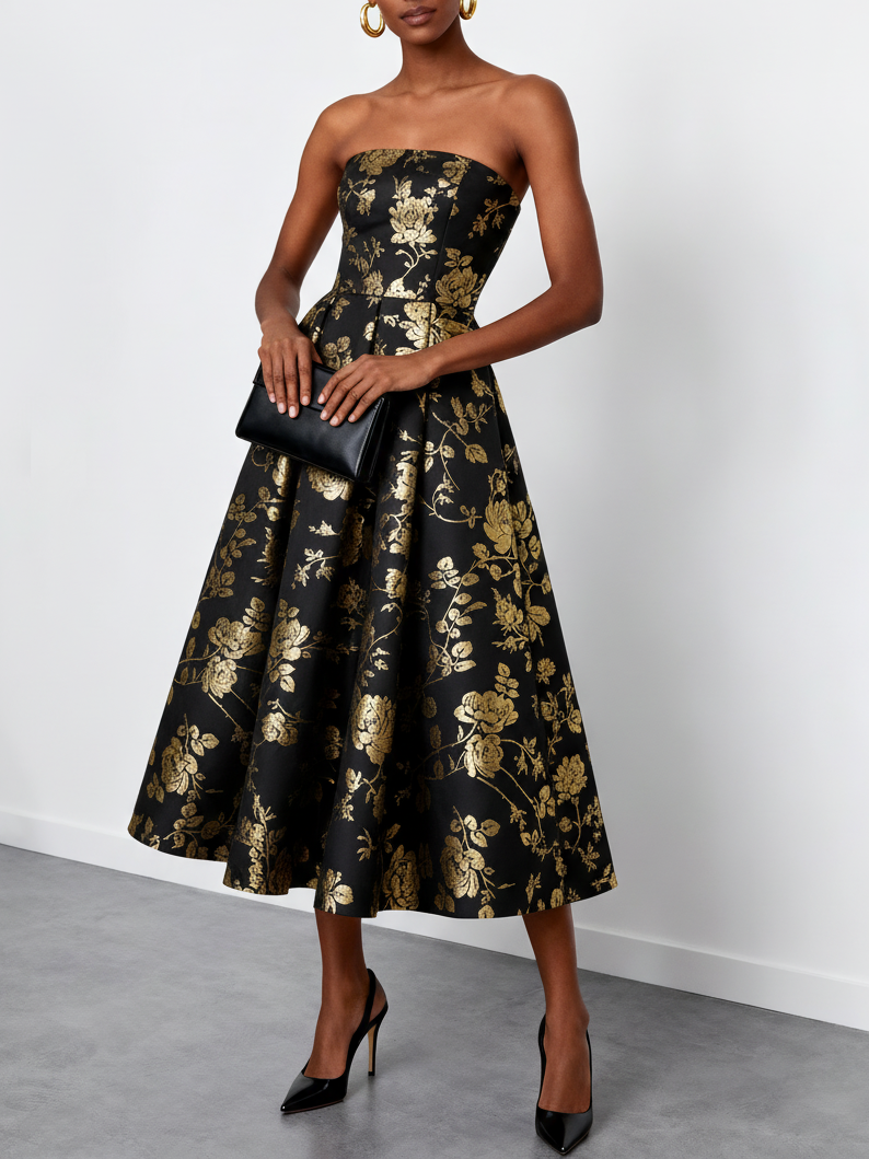 Black Gold Stamped Bronzing Floral Classic Strapless Sleeveless A-Line Midi Dress
