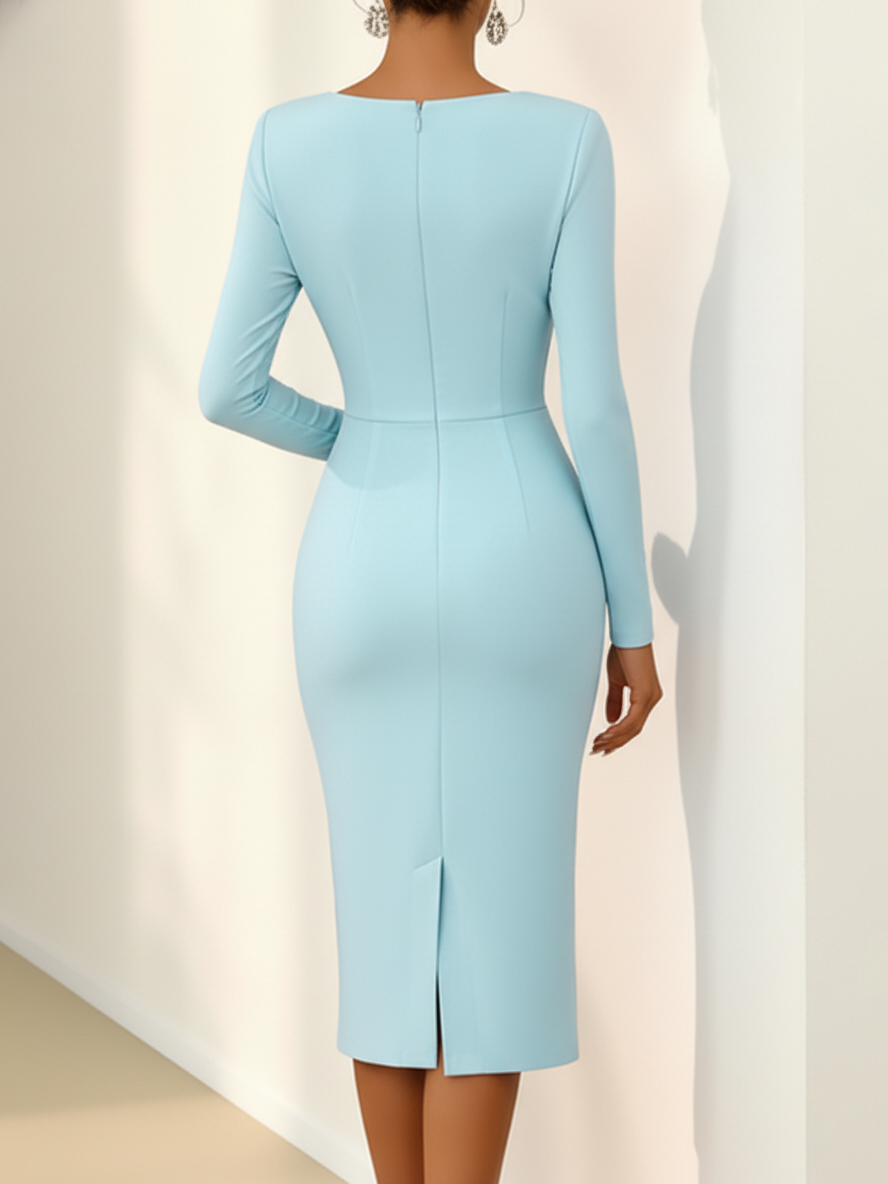 Light Blue 3D Floral Ruched Knit Asymmetrical Long Sleeve Sheath Midi Dress