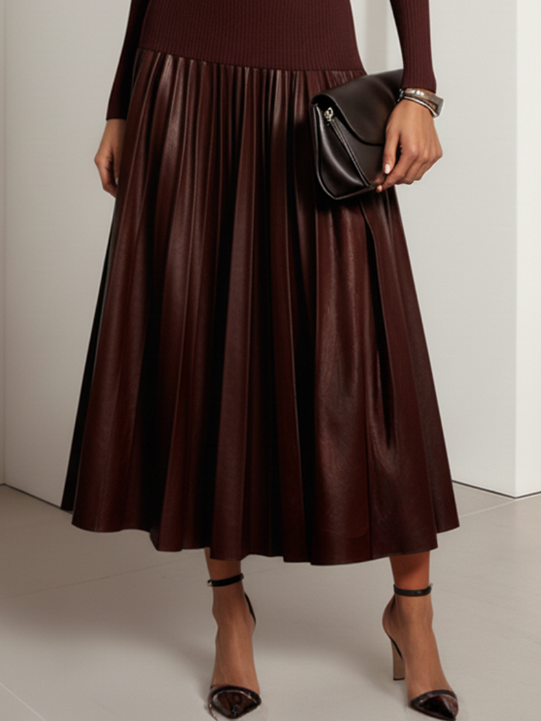 Burgundy Faux Leather Pleated Split Joint Knit Crew Neck Long Sleeve A-Line Maxi Dress