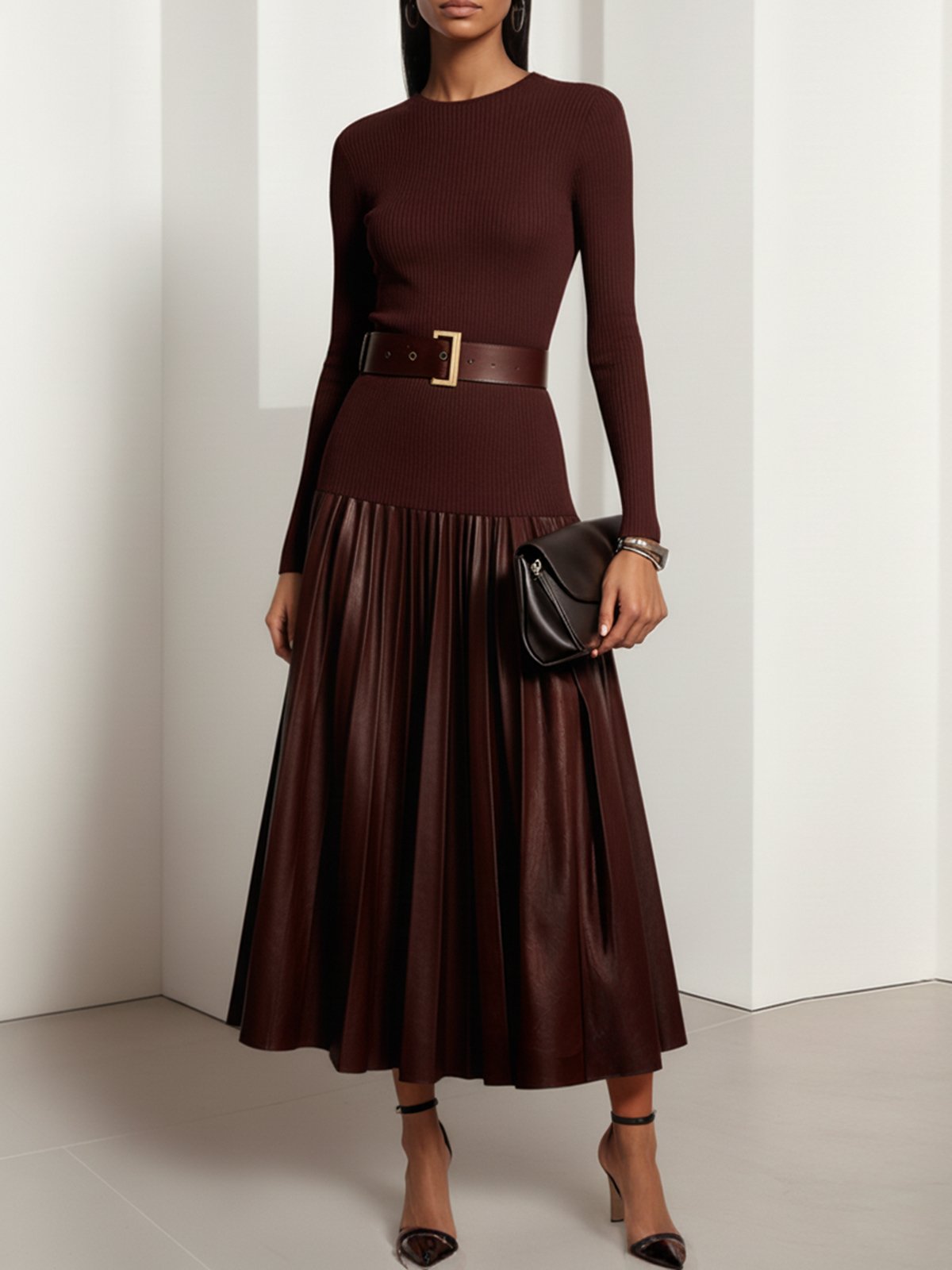 Burgundy Faux Leather Pleated Split Joint Knit Crew Neck Long Sleeve A-Line Maxi Dress