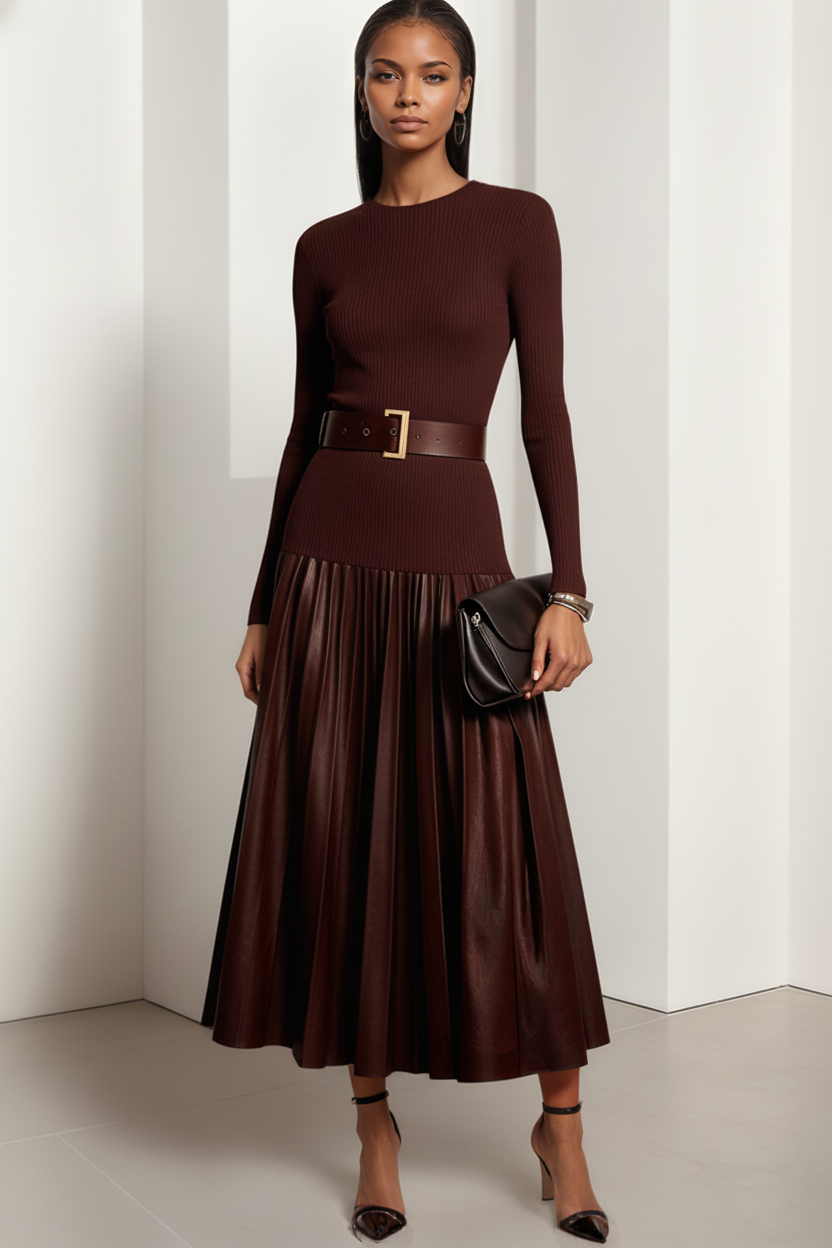 Burgundy Faux Leather Pleated Split Joint Knit Crew Neck Long Sleeve A-Line Maxi Dress