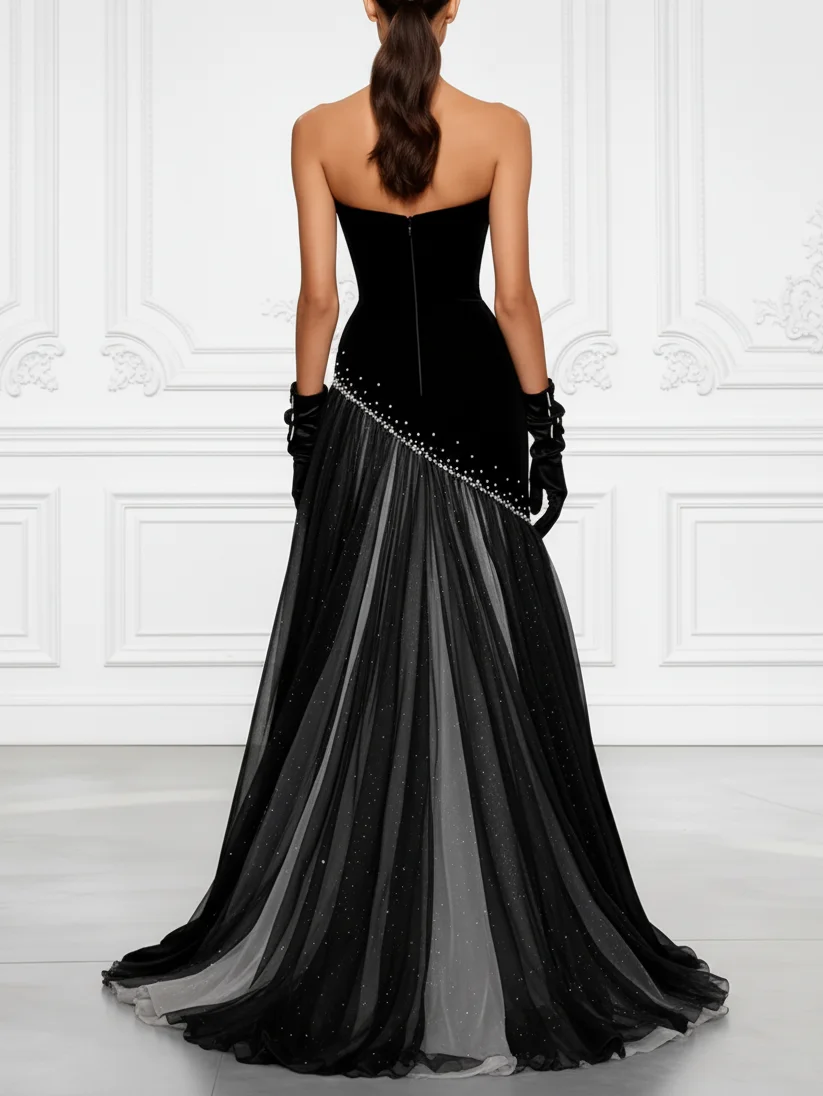 Black Hot Drilling Classic Mesh Strapless Sleeveless A-Line Gown Dress