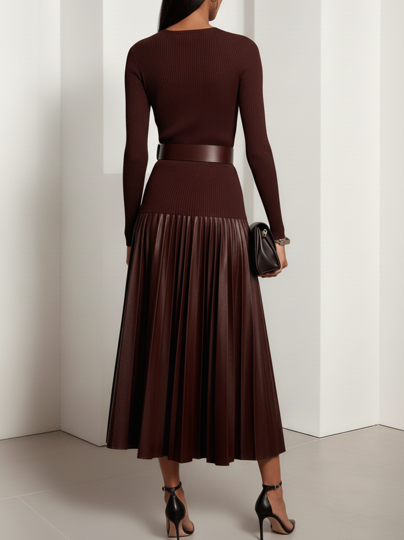 Burgundy Faux Leather Pleated Split Joint Knit Crew Neck Long Sleeve A-Line Maxi Dress