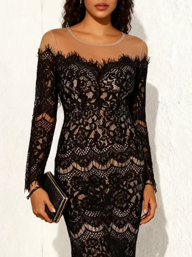 Black Lace Crew Neck Half Sleeve Sheath Midi Dress