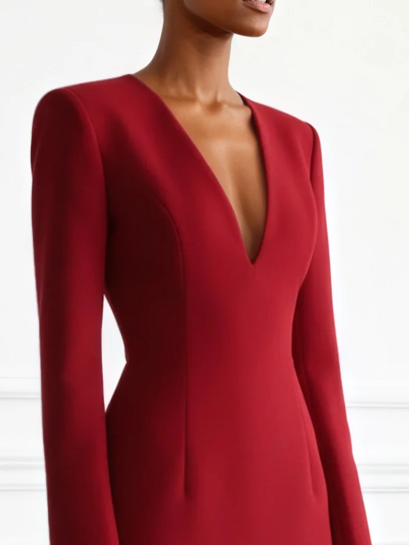 Red Bow Cut Out Classic V Neck Long Sleeve Sheath Mini Dress