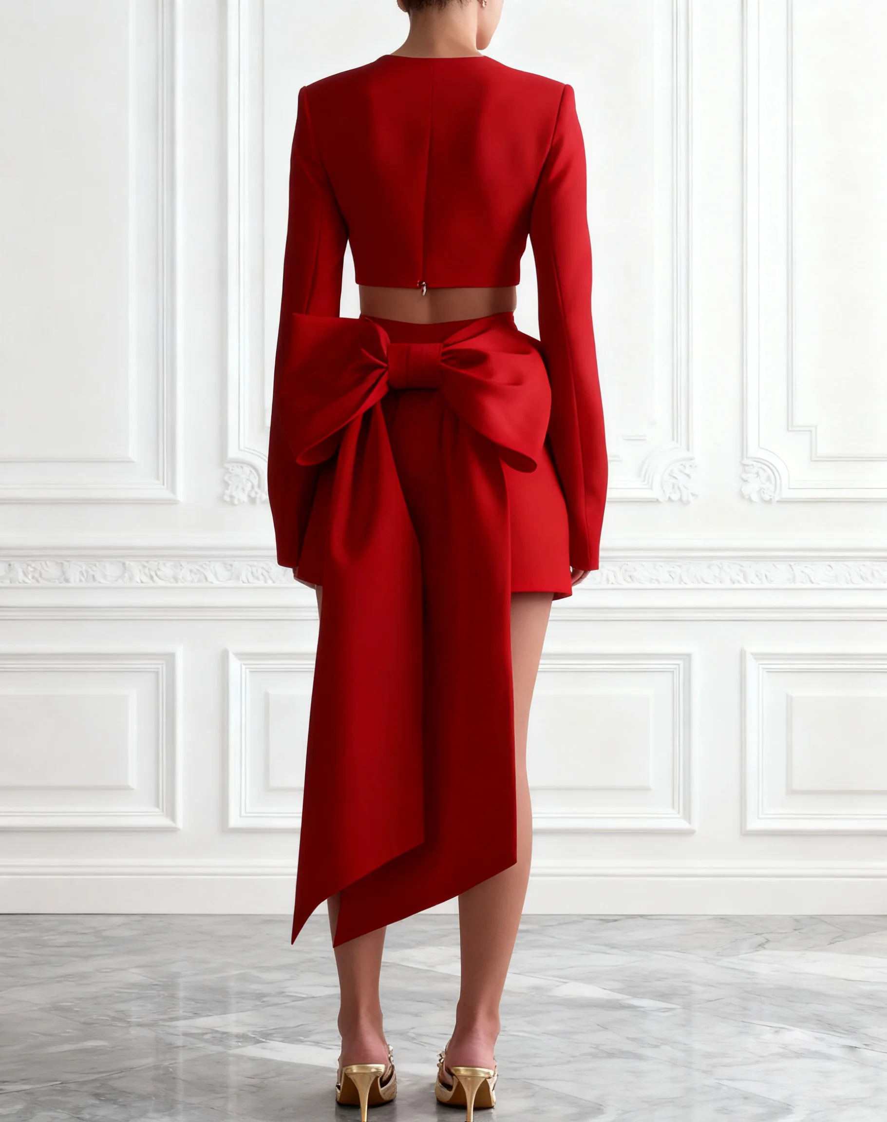 Red Bow Cut Out Classic V Neck Long Sleeve Sheath Mini Dress