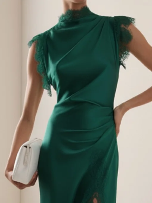 Green Lace Ruched Satin Mock Neck Sleeveless Sheath Maxi Dress