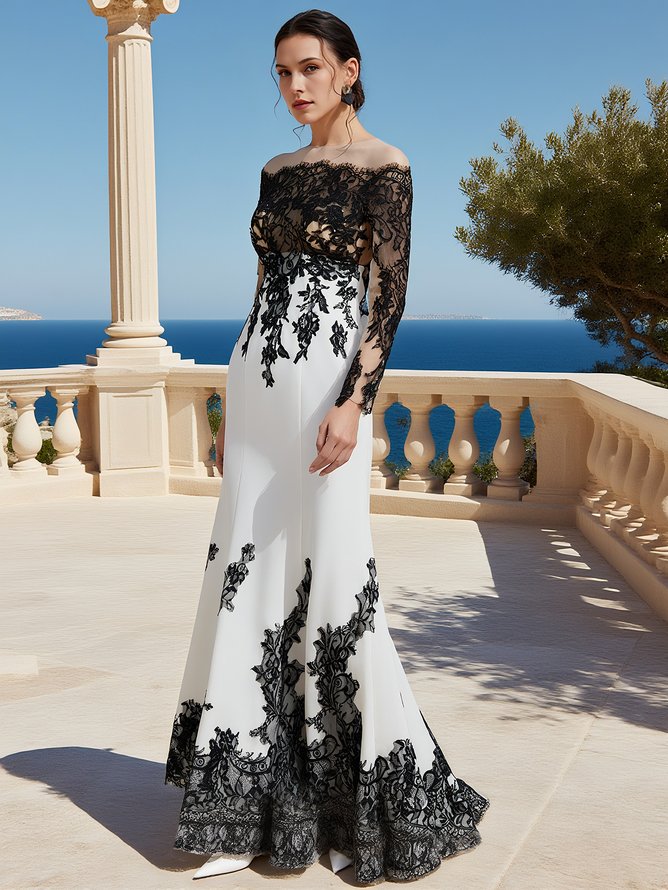 White Lace Mesh Bridal/Wedding Dress Crew Neck Long Sleeve Sheath Gown