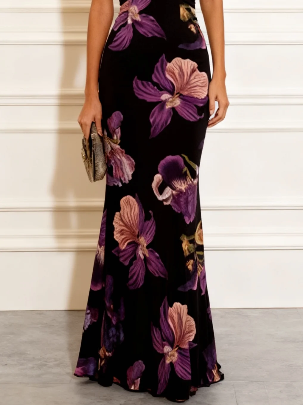 Black Floral Classic Square Neck Sleeveless Mermaid Maxi Dress