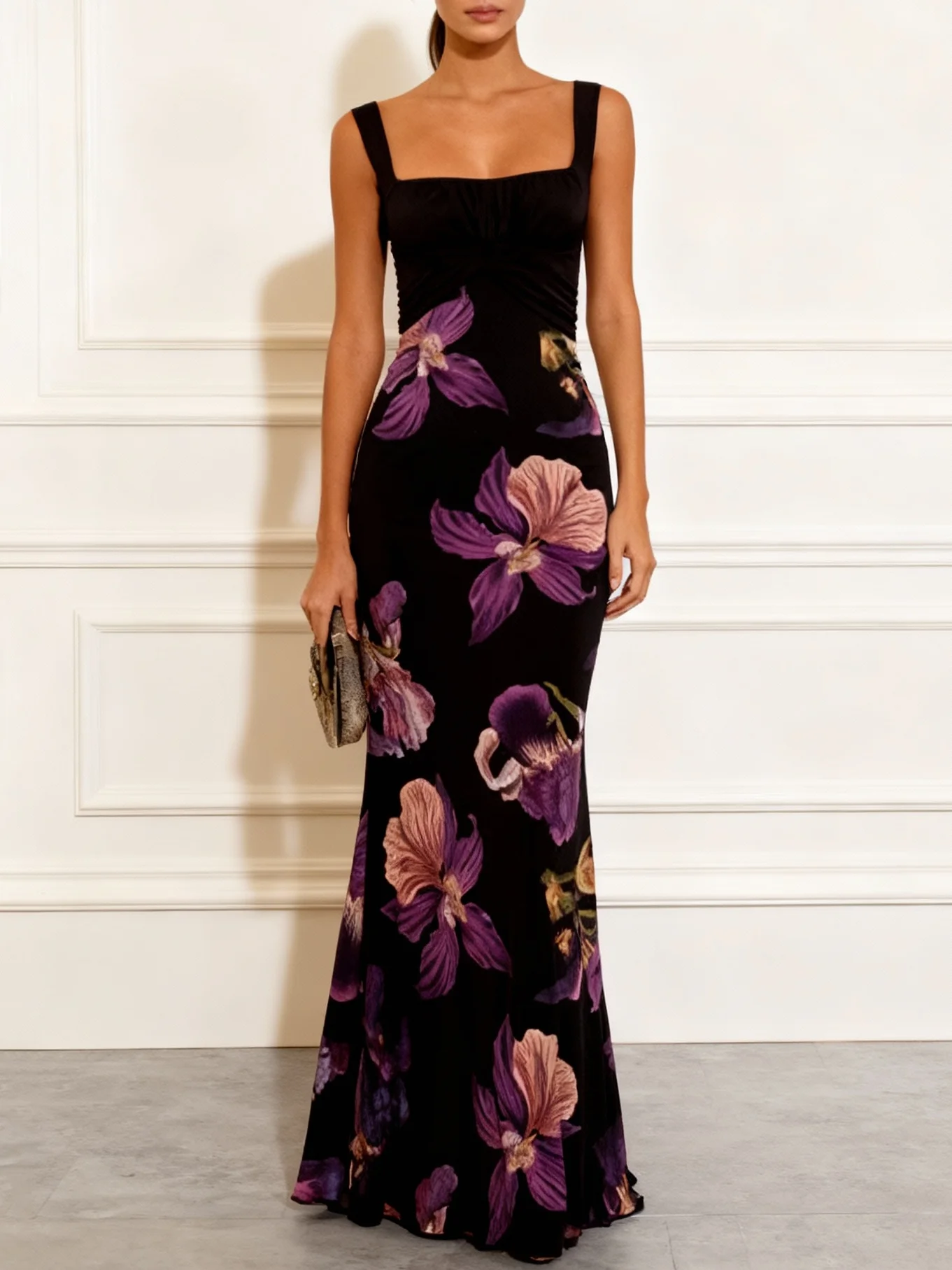 Black Floral Classic Square Neck Sleeveless Mermaid Maxi Dress