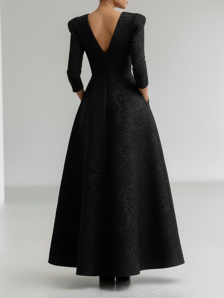 Black Jacquard Classic Notched Long Gigot Sleeve A-Line Maxi Dress