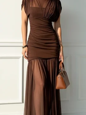 Brown Ruched Mesh Knit Mock Neck Sleeveless A-Line Maxi Dress