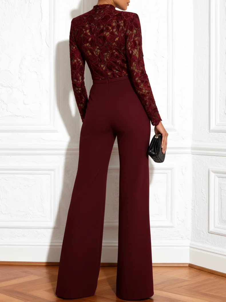 Women Wine Red Lace Flocked Mock Neck Long Sleeve Dressy Jumpsuit