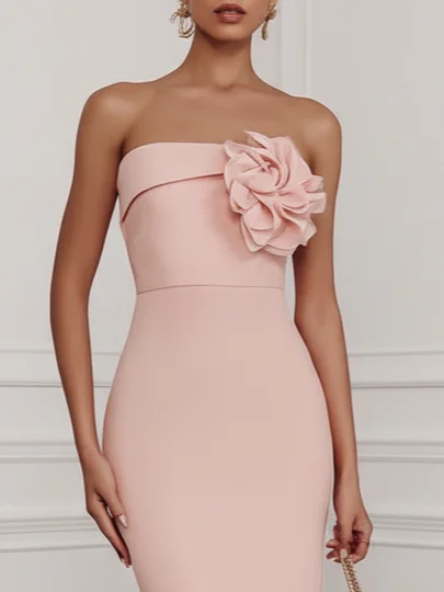 Pink 3D Floral Classic Strapless Sleeveless Sheath Maxi Dress
