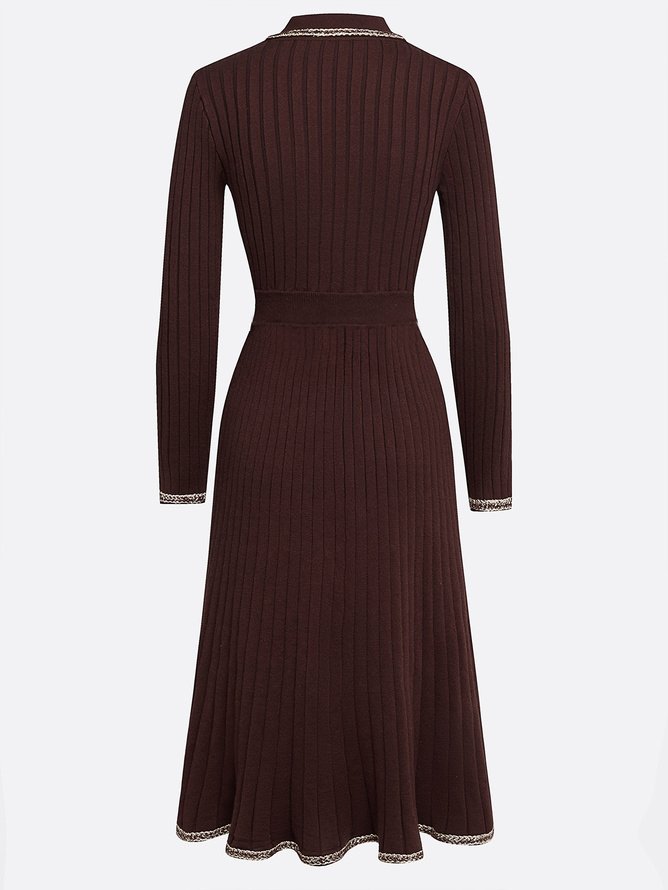 Red Brown Piping Buckle Sweater Lapel Collar Long Sleeve A-Line Midi Dress