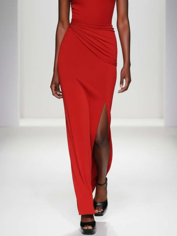 Red Ruched Slit Knit Boat Neck Cap Sleeve Sheath Maxi Dress