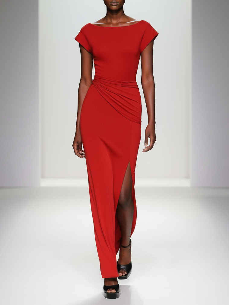 Red Ruched Slit Knit Boat Neck Cap Sleeve Sheath Maxi Dress