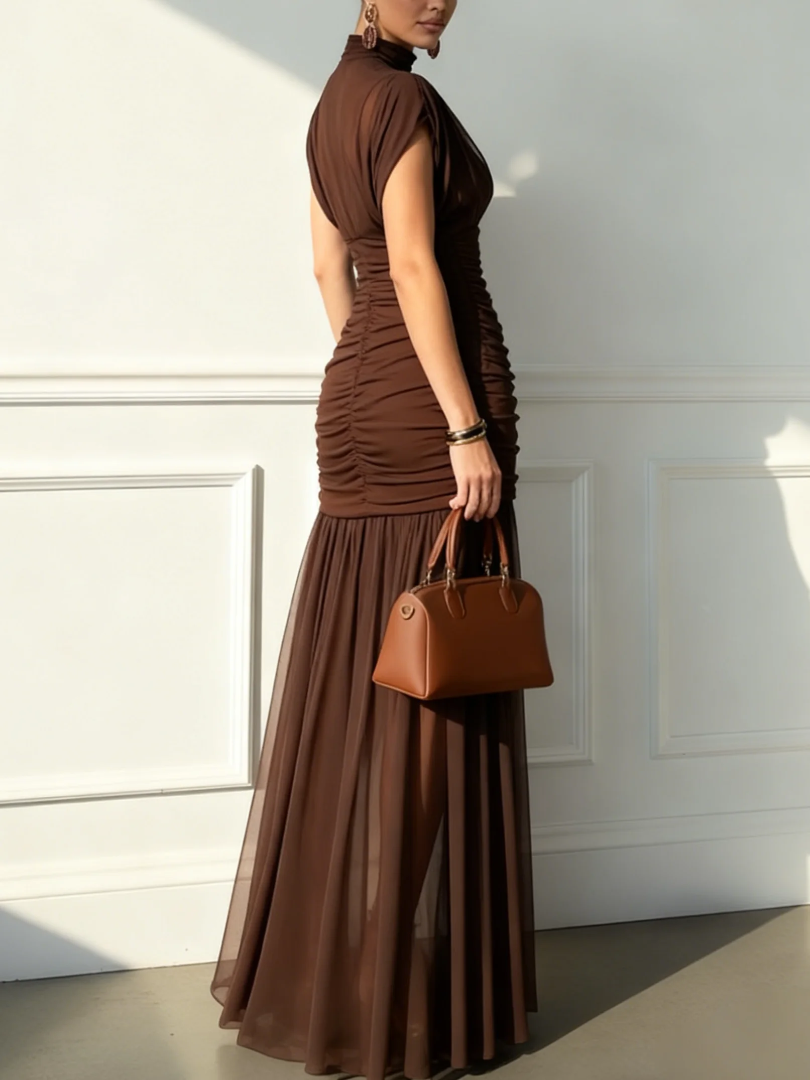 Brown Ruched Mesh Knit Mock Neck Sleeveless A-Line Maxi Dress