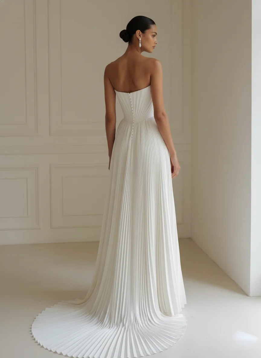 White Strapless Sleeveless Pleated Wedding Gown Wedding Dress