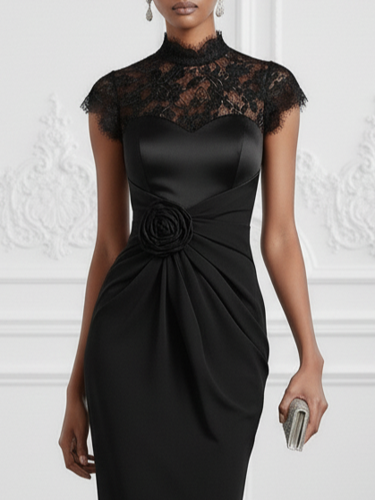 Black 3D Floral Lace Classic Mock Neck Short Sleeve Sheath Maxi Dress