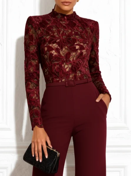 Women Wine Red Lace Flocked Mock Neck Long Sleeve Dressy Jumpsuit