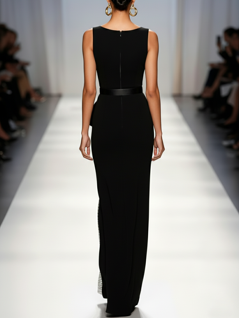 Black Glitter Sequin Split Joint Classic Crew Neck Sleeveless Sheath Maxi Dress