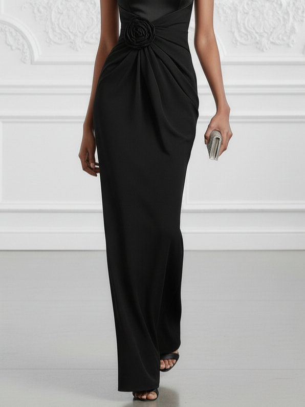 Black 3D Floral Lace Classic Mock Neck Short Sleeve Sheath Maxi Dress