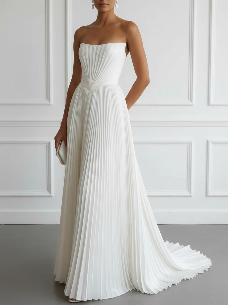 White Strapless Sleeveless Pleated Wedding Gown Wedding Dress
