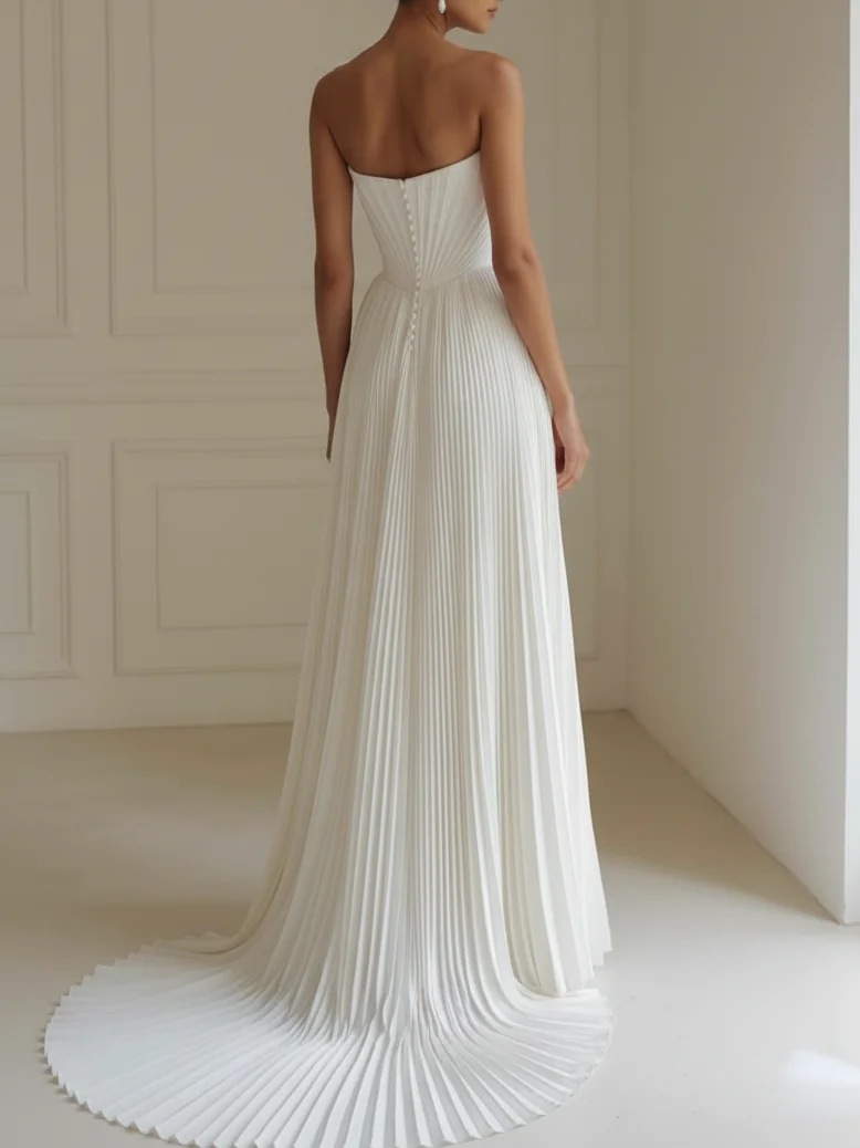 White Strapless Sleeveless Pleated Wedding Gown Wedding Dress