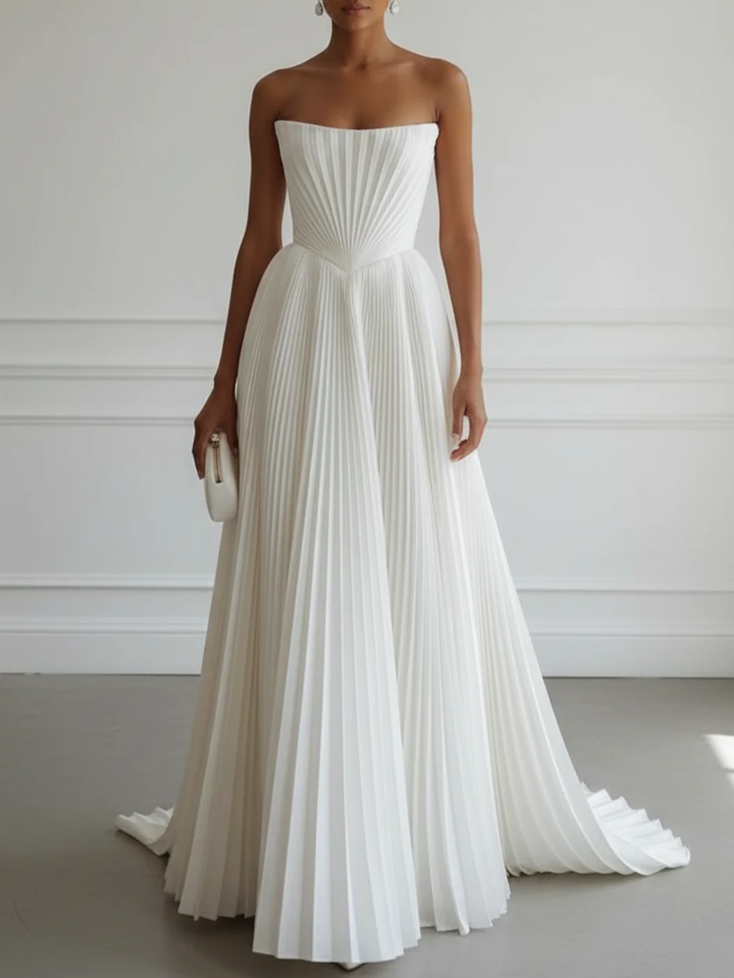 White Strapless Sleeveless Pleated Wedding Gown Wedding Dress