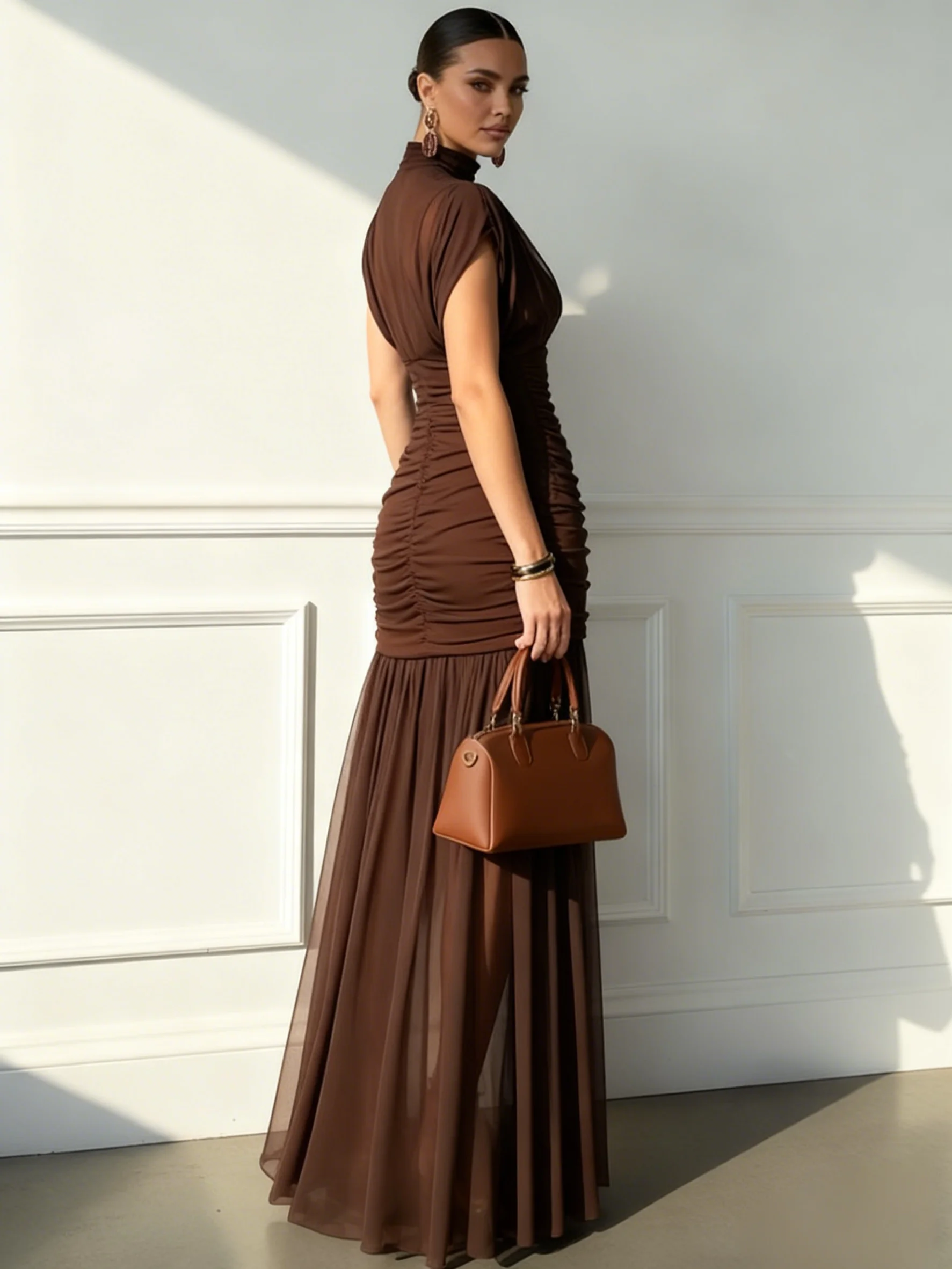 Brown Ruched Mesh Knit Mock Neck Sleeveless A-Line Maxi Dress