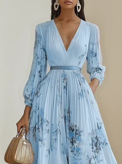 Light Blue Pleated Floral Chiffon V Neck Long Sleeve Balloon Sleeve A-Line Maxi Dress