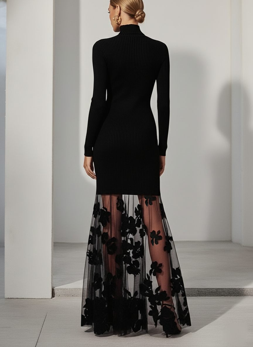 Black Mesh Floral Knit Mock Neck Long Sleeve A-Line Maxi Dress