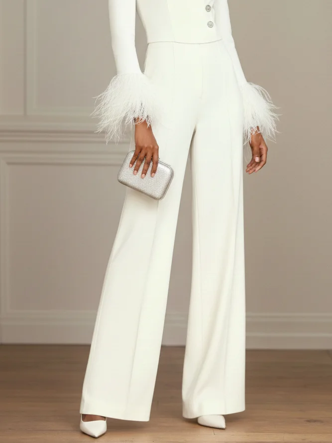 Women White Feather-trimmed Buckle Mock Neck Long Sleeve Dressy Jumpsuit