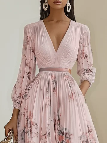 Pink Pleated Floral Chiffon V Neck Long Sleeve Balloon Sleeve A-Line Maxi Dress