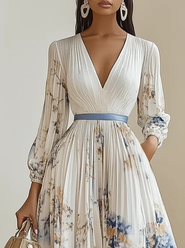 White Pleated Floral Chiffon V Neck Long Sleeve Balloon Sleeve A-Line Maxi Dress
